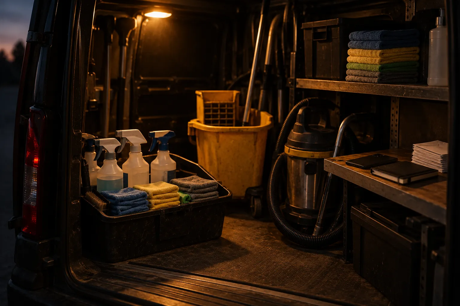 Interior de van de limpeza com produtos e panos organizados