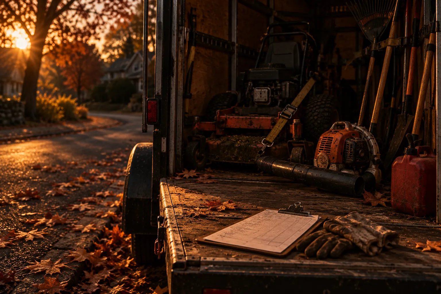 Trailer de landscaping com cortador de grama e ferramentas ao entardecer de outono
